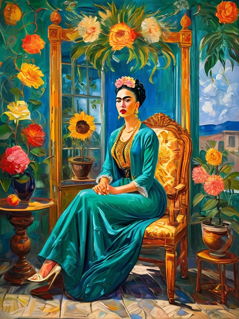 Imagine Frida Kahlo reimagined in the lavish Baroque style. She sits regally on an ornate throne in a luxurious hall adorned with rich tapestries and intricately carved furniture. Dressed in an opulent emerald satin gown with delicate lace and sparkling jewels, her hair is interwoven with vibrant flowers. A majestic eagle perches on her left arm, its piercing gaze mirroring Frida's intense stare. Nearby, a striking blue macaw adds a splash of color, while a peacock elegantly roams the floor at her feet. Surrounding her are symbolic objects: a golden mirror, sugar skulls, and a vibrant still life of tropical fruits. The dramatic background of swirling clouds and celestial light adds depth and movement. The masterful play of light and shadow highlights the richness of details, celebrating Frida's indomitable spirit and legacy in a visually stunning, innovative composition.