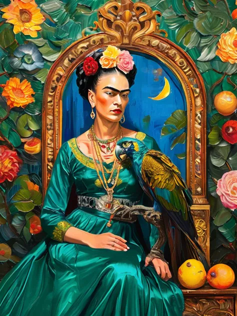 imagine frida kahlo reimagined in the lavish baroque style. she sits regally on an ornate throne in a luxurious hall adorned wit...