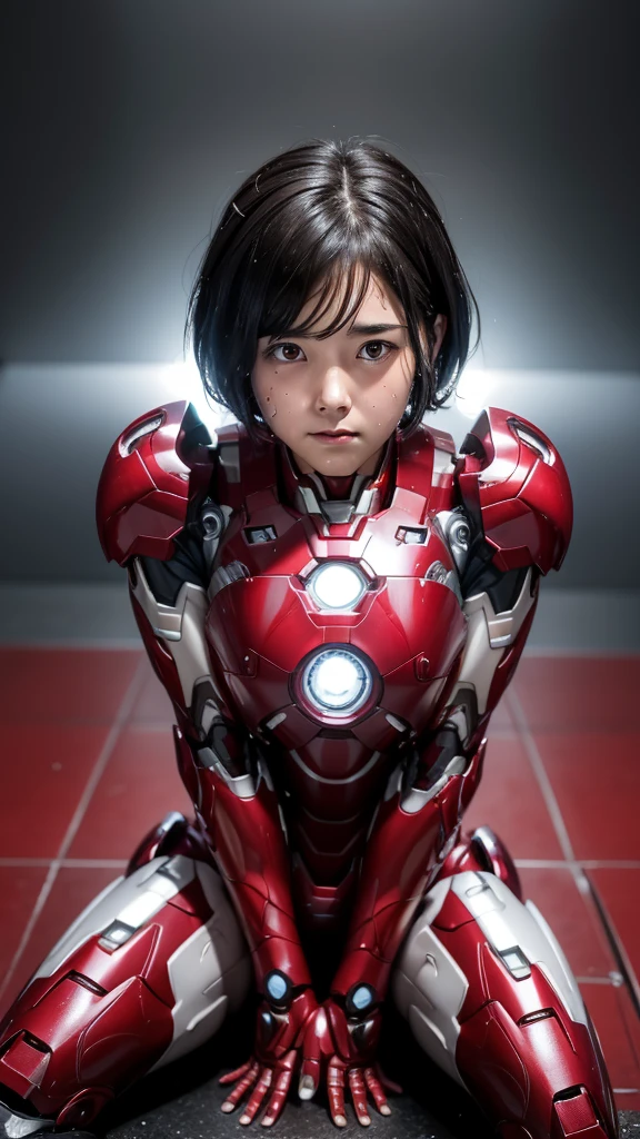 Highest quality　8k Iron Man Suit Girl　Junior high school girl　Sweaty face　cute　short hair　boyish　Steam coming from the head　My hair is wet with sweat　Black hair feel　Full body portrait　My upper body is soaked　　Squat sitting　　Leg spread　I can see the vagina　front　Angle from below