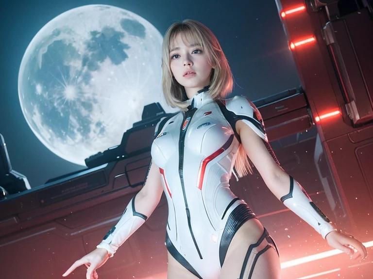 (RAW Photos, Highest quality), (Realistic, Photorealistic:1.3), 1 Girl、Realisticbody、Pleiades Space Warrior、White and red combat skirt、Spaceship from outer space、Fighting the reptilian aliens、Shield and ray gun、Serious expression