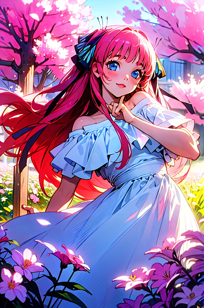 Best quality, masterpiece, ultra high res, (photorealistic:1.4), raw photo, 1girl, white dress, off shoulder, blossom flower field, glowing skin, light smile, nino nakano, pink red long hair, shoulder, blue eyes, hair ribbons