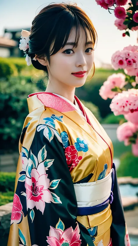 (((Carefully drawn with perfect anatomy))),Kimono photo shoot in the Japanese garden of a long-established luxury inn,The collar...