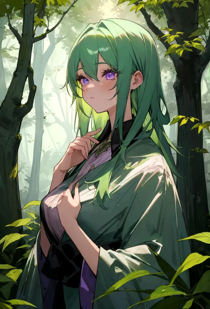 a girl with green hair and lilac eyes in a forest at night