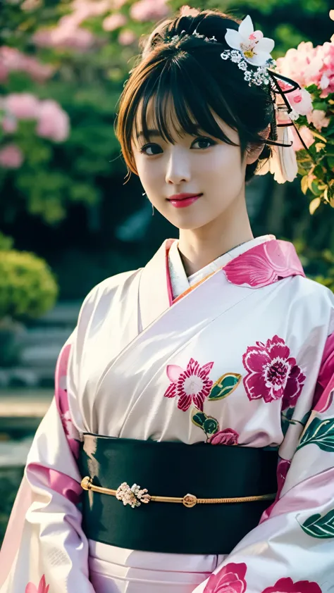 (((Carefully drawn with perfect anatomy))),Kimono photo shoot in the Japanese garden of a long-established luxury inn,The collar...