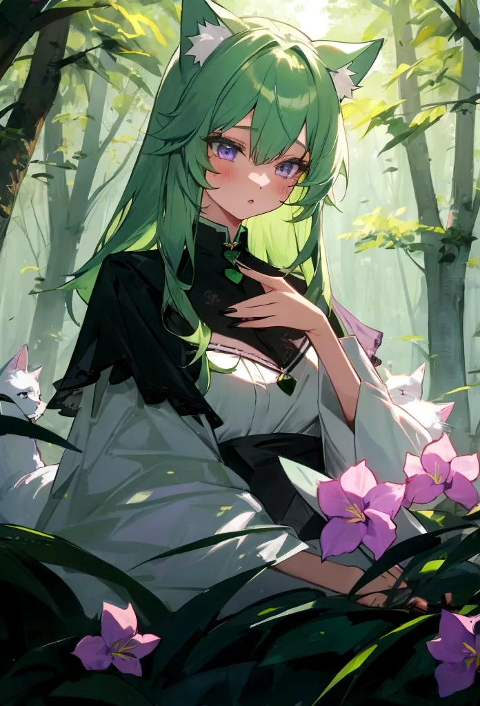 a girl with cat ears and green hair and lilac eyes in a forest at night