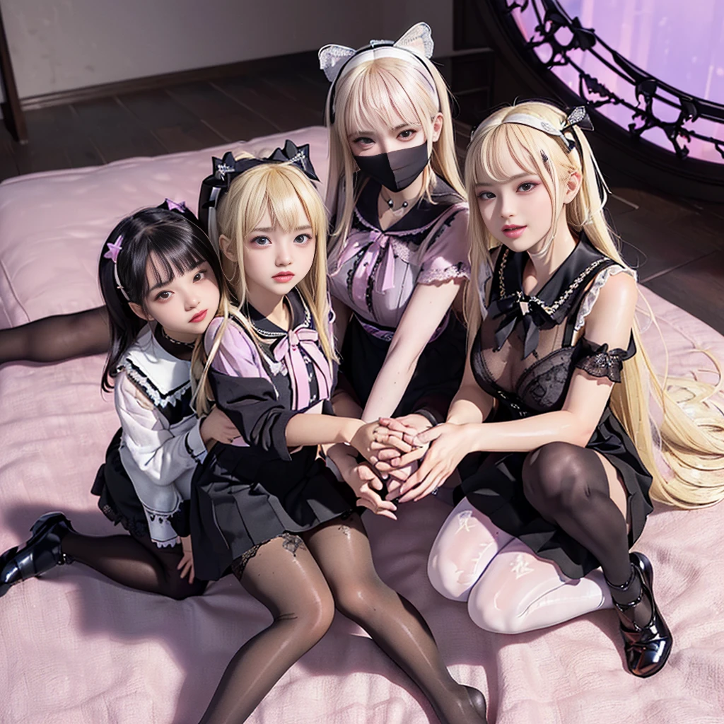 8K resolution, surreal, Super detailed, high quality, perfect anatomy, perfect proportion, 
((((((A group photo in bedroom at midnight, women only, violet pink lighting, luxurious bed, 4 girls, group photo)))))), 
(((((wearing black face mask, jirai fashion, black sailor collar, lingerie, Lace, black pleated skirt, black micro mini skirt, bow ribbon))))), 
((grin, happy, detailed face, touching each other)), 
((((bleached hair))))+, (large breasts), posing, 
(((shiny detailed oiled skin, detailed skin))), 
(((black see-through tights))), looking at viewer