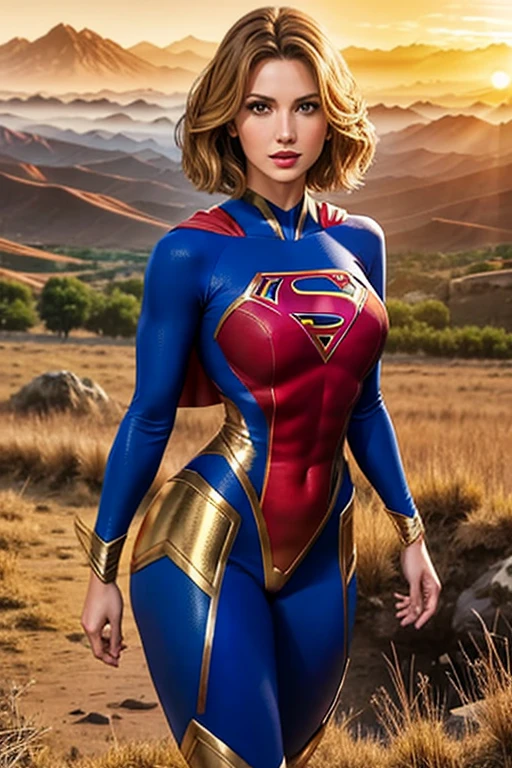 superwoman,laurel kent, earth 11, DC Universe, floating in the air,passionate and compassionate look,mature woman,short bob haircut,Red lips ,looking towards the horizon, backwards , legs open,Big and round buttocks, narrow waist, large generous chest, hair moves with the wind,lasts kryptonian, tight one-piece suit that enhances your female anatomy, background landscape of a golden sunset, mountains and grasslands 