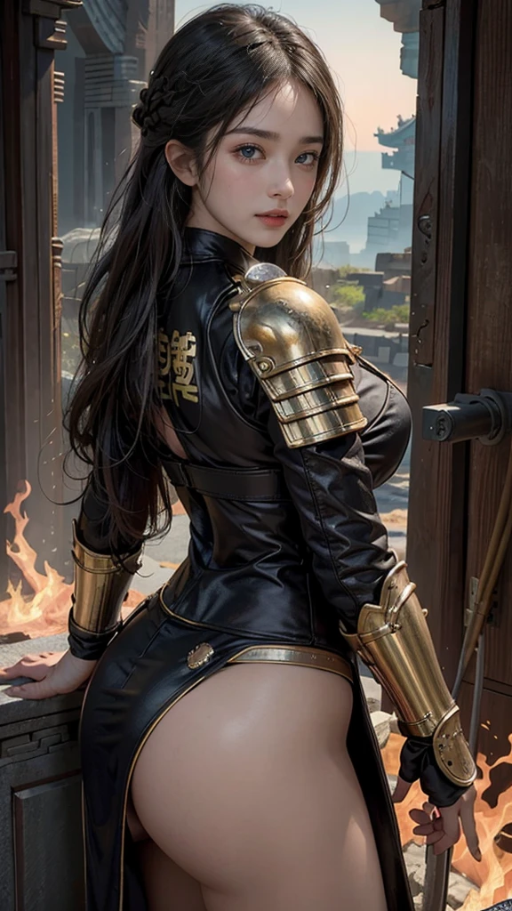 realistic, high detail, high resolution, soft light,1 female, 25 years old, alone, butt up, glowing skin, (high detailed), Chinese armor, full armor, long hair , Seductive pose,stand up and show your ass ,(( background ancient city , A ruined city , Blazing Fire)) , sexy pose, 