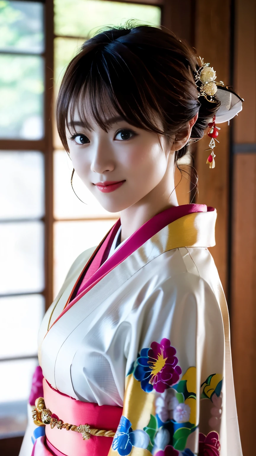 (((Carefully drawn with perfect anatomy))),Photo session in a traditional Japanese room at a long-established luxury inn,The collar of the kimono is pulled back, revealing the white nape of the neck.,A full-body shot of a woman standing with her head tilted from the front and smiling elegantly, taken with a wide-angle lens and including a lot of the background.,(((美しいBlack Hairを日本髪の伊達兵庫に整えて頭に差した沢山のかんざし:1.3))),One girl,One personで,A dignified smile,Chestnut brown eyes that even capture the reflected light,Black Hair,hair ornaments,An elegant posture with knees together,Inner thighs,Furisode kimono,kimono,((Red lips)),compensate,Tassel,rope,eye shadow,紫色のkimono,Nishijin obi,Masterpiece,Ulzan 6500,(Realisticなphoto),masterpiece,High resolution,Highlights the best light and shadow contrast,Main Character,Very high depth of field,soft delicate beautiful attractive 顔,Beautiful Edge Oiran_woman, a woman in a kimono posing for a picture,Perfect Edge Oiran_body,edge Oiran_Hairstyle,(Saiharu Body),(Tabletop,high quality,最high quality),(Delicate eyes and face),Ray Tracing,Highly detailed CG Unity 4k wallpaper,One person,Best image quality,Excellent detail,超A high resolution,Realistic:1.4),Attention to detail,Beauty condensed in 1girl,Beautiful brown hair,繊細でHigh noseを持つ美しい顔,Long limbs like a model,Tight waist,High nose,Clear chestnut eyes,Glossy lips, 