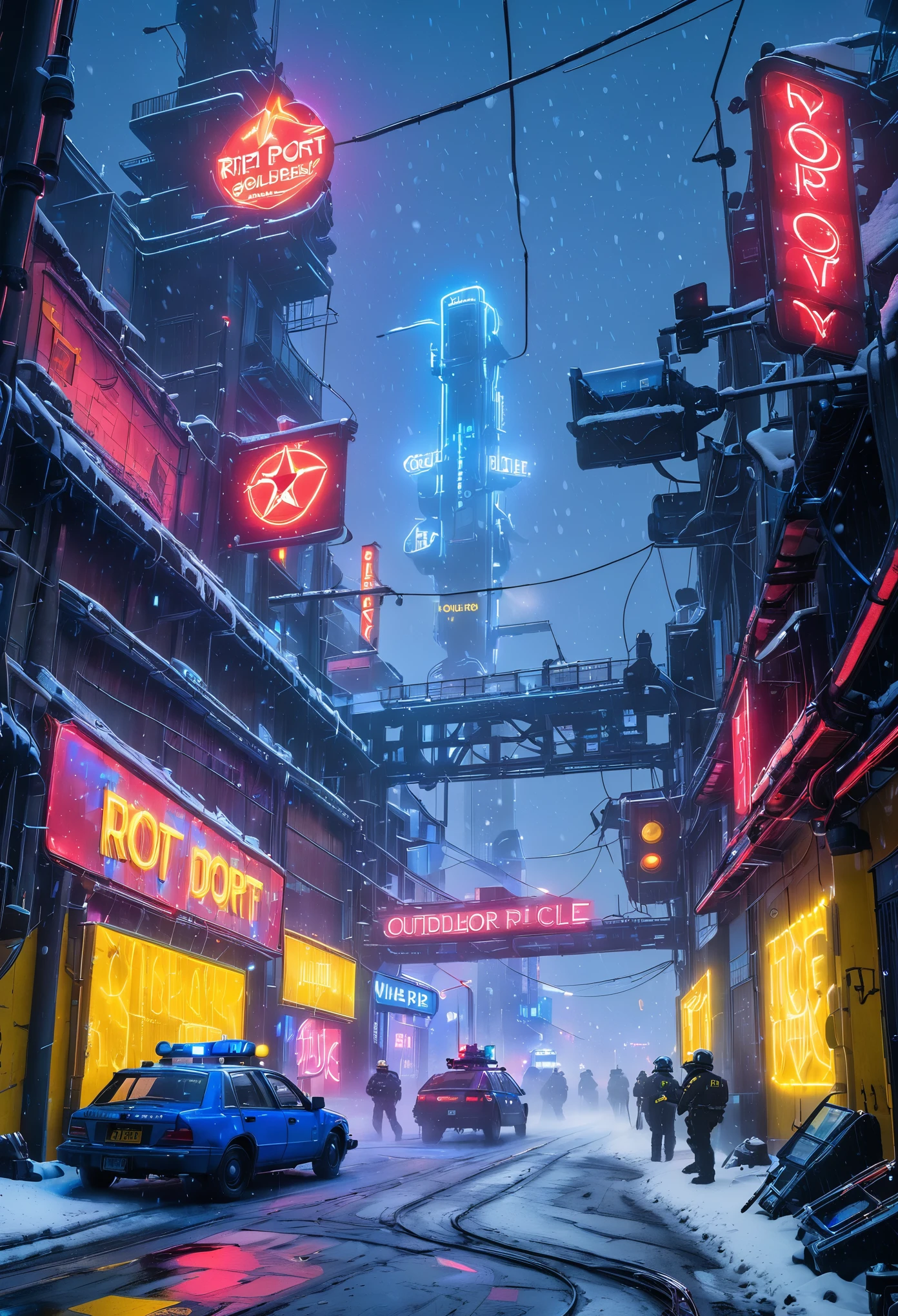 CyberCity, (yellow:1.3)，(blue:1.3),（red:1.4）, neon lights, outdoors, road, snowing, sign, riot_police, (Star_Port:1.3)， criminals
