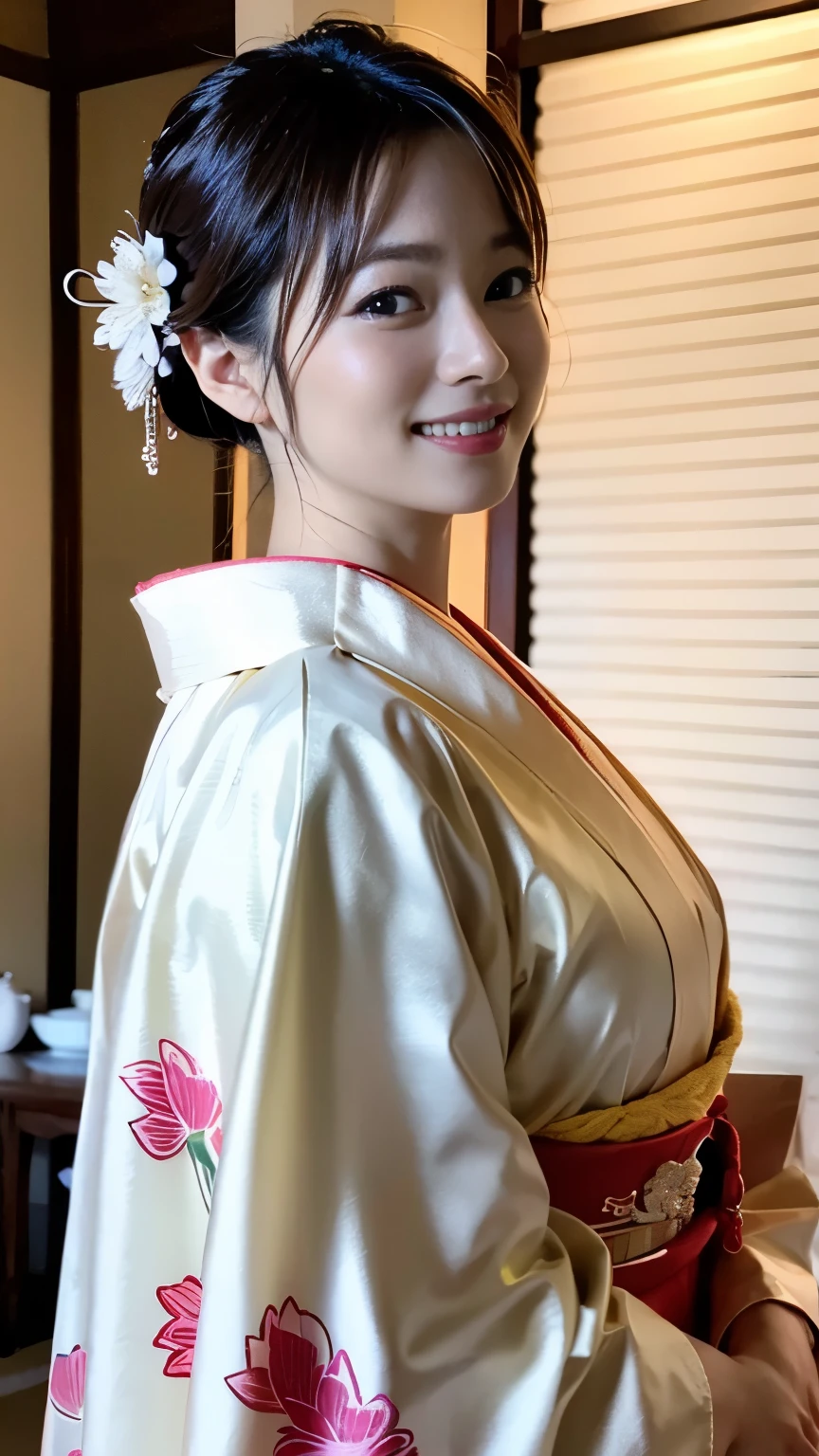 (((Carefully drawn with perfect anatomy))),Photo session in a traditional Japanese room at a long-established luxury inn,The collar of the kimono is pulled back, revealing the white nape of the neck.,A full-body shot of a woman standing with her head tilted from behind, smiling elegantly, with the background in the background taken with a wide-angle lens.,(((Beautiful black hair arranged in a Japanese hairstyle, Date Hyogo, with many hairpins on her head:1.3))),One girl,one personで,A dignified smile,Eyes that capture the light of the chestnut color,Black Hair,hair ornaments,An elegant posture with knees together,Furisode kimono,kimono,Red lips,compensate,tassel,rope,eye shadow,Purple kimono,Nishijin obi,Many bamboo hairpins,Masterpiece,Ulzan 6500,(Realistic photo),masterpiece,High resolution,Highlights the best light and shadow contrast,Main Character,Very high depth of field,soft delicate beautiful attractive 顔, Beautiful Edge Oiran_woman, a woman in a kimono posing for a picture,Perfect Edge Oiran_body,edge Oiran_Hairstyle,(Saiharu Body),(Tabletop,high quality,最high quality),(Delicate eyes and face),Ray Tracing,Highly detailed CG Unity 4k wallpaper,one person,Best image quality,Excellent detail,超A high resolution,Realistic:1.4),Attention to detail,Beauty condensed in 1girl,Beautiful brown hair,Beautiful face with a delicate and high nose,Long limbs like a model,Tight waist,High nose,Clear chestnut eyes,Glossy lips, 