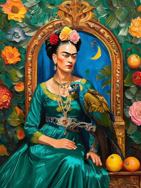 imagine frida kahlo reimagined in the lavish baroque style. she sits regally on an ornate throne in a luxurious hall adorned wit...