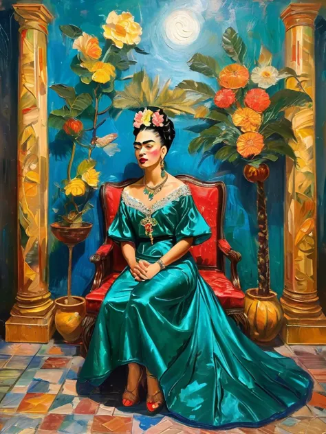 imagine frida kahlo reimagined in the lavish baroque style. she sits regally on an ornate throne in a luxurious hall adorned wit...