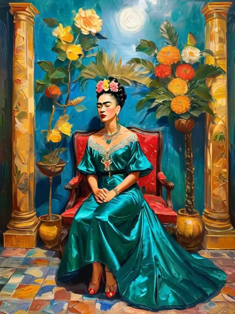 imagine frida kahlo reimagined in the lavish baroque style. she sits regally on an ornate throne in a luxurious hall adorned wit...