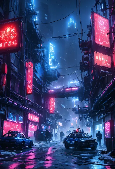 cybercity, (yellow:1.3)，(blue:1.3),（red:1.4）, neon lights, outdoors, road, snowing, sign, riot_police, (star_port:1.3)， criminal...