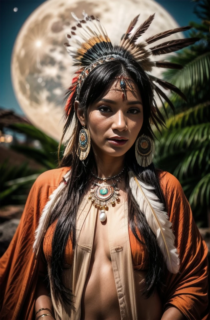 Beautiful Cherokee Indian woman with beautiful terracotta colored headdresses, blackw, doradas, cobre, Pearl, white and beige, feathers made of bright neon of various colors, flares on camera, bokeh, full moon night
