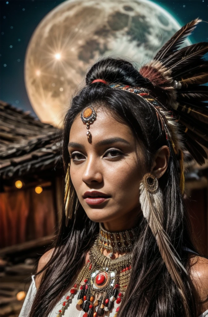 아름다운 테라코타 색깔의 머리장식을 한 아름다운 체로키 인디언 여성, 흑흑, 황금의, 구리, 진주, 흰색과 베이지색, 다양한 색상의 밝은 네온으로 만든 깃털, 카메라의 조명탄, 보케, 보름달 밤
