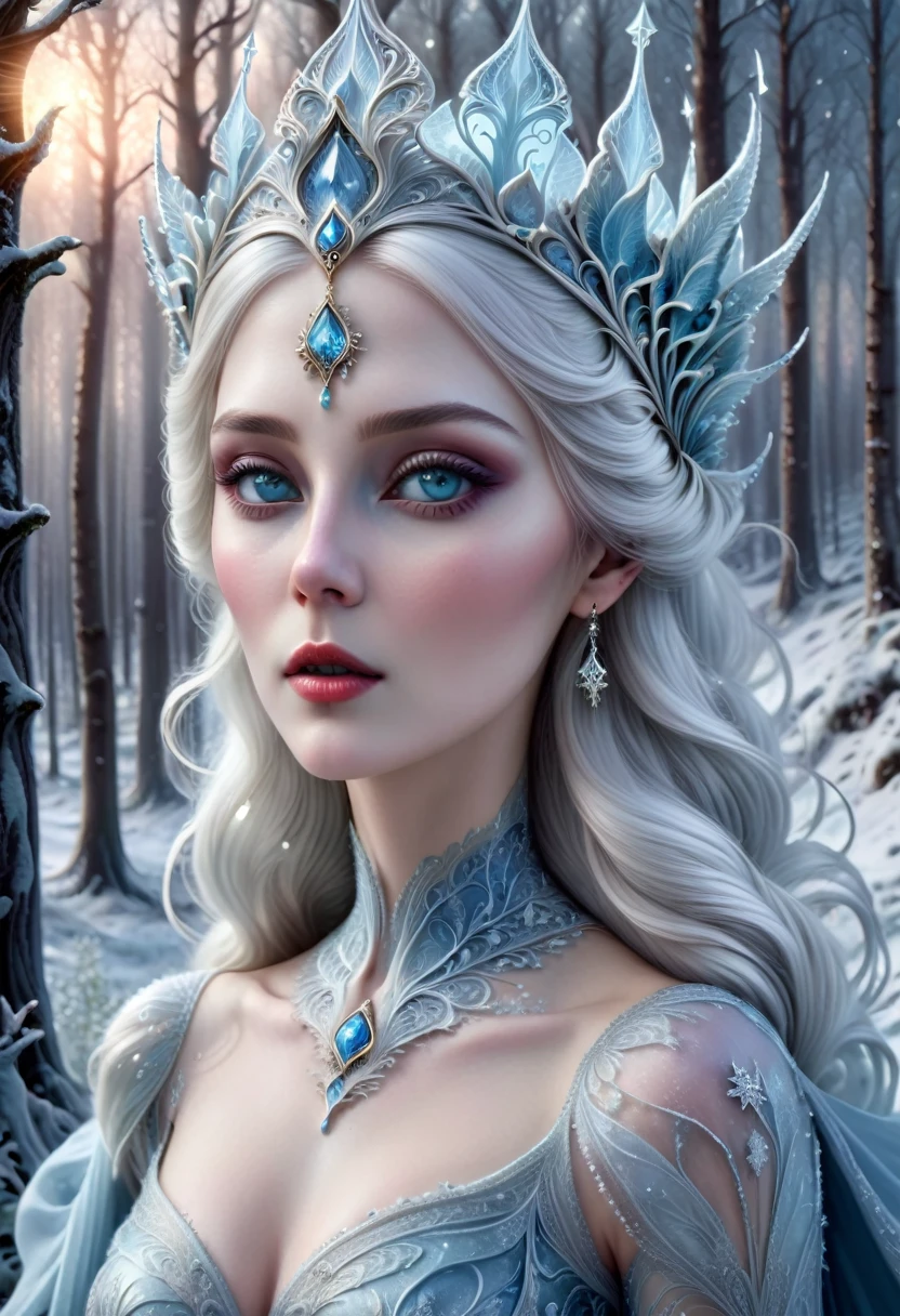 a beautiful ice goddess, ethereal ice crystals, freezing nordic landscape, fantasy art, art nouveau, tarot card style, 1girl, detailed eyes, detailed lips, exquisite facial features, white hair, icy blue skin, ice crown, long flowing dress, winter forest background, snowflakes, northern lights, dramatic lighting, cold color palette, intricate details, photorealistic, 8k, masterpiece