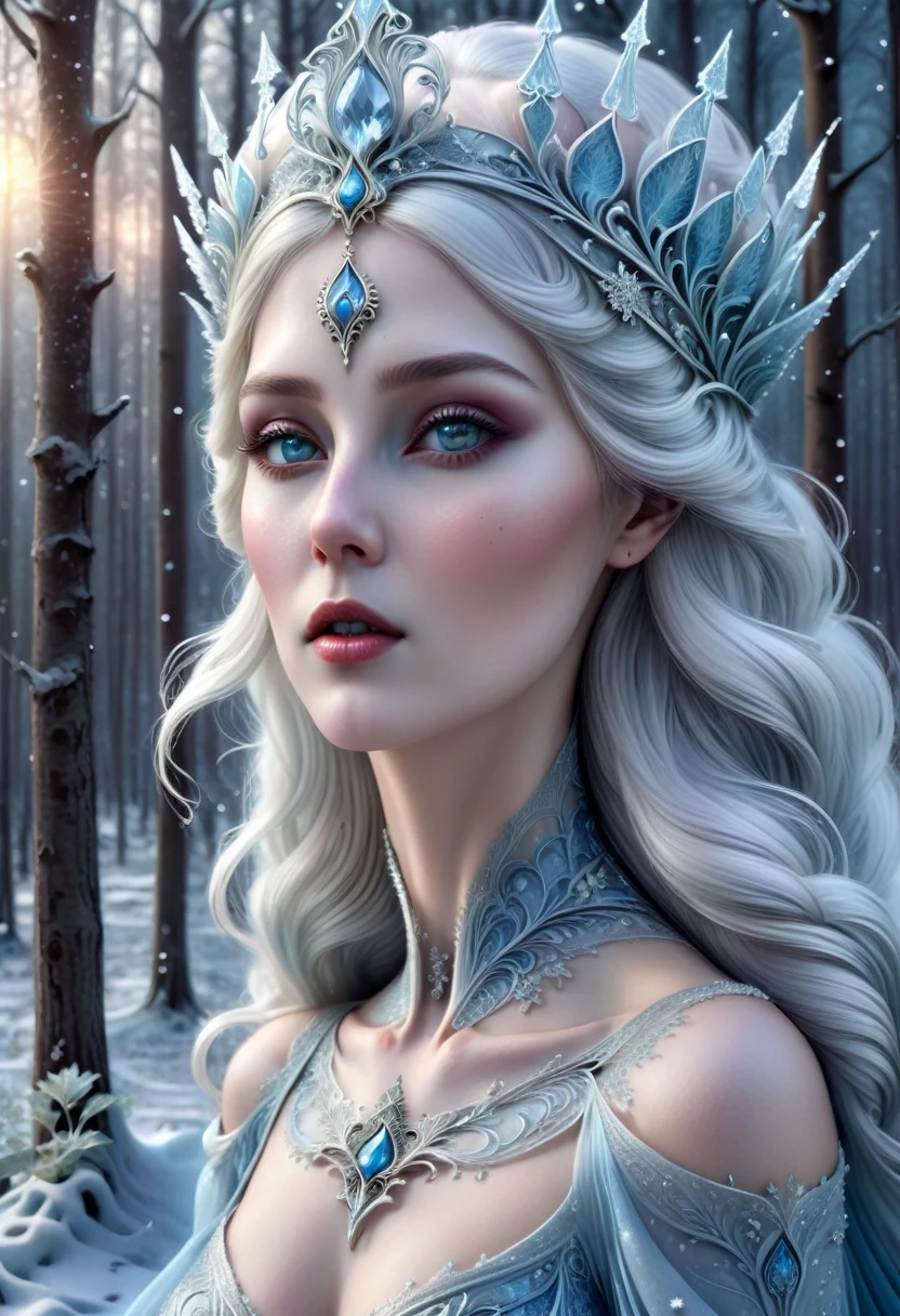 una hermosa diosa del hielo, cristales de hielo etéreos, paisaje nórdico helado, arte de fantasía, Art Nouveau, Estilo de carta del tarot, 1 chica, ojos detallados, labios detallados, rasgos faciales exquisitos, pelo blanco, piel azul helada, corona de hielo, vestido largo y fluido, fondo del bosque de invierno, copos de nieve, Auroras boreales, iluminación dramática, paleta de colores frios, detalles intrincados, Fotorrealista, 8k, Obra maestra