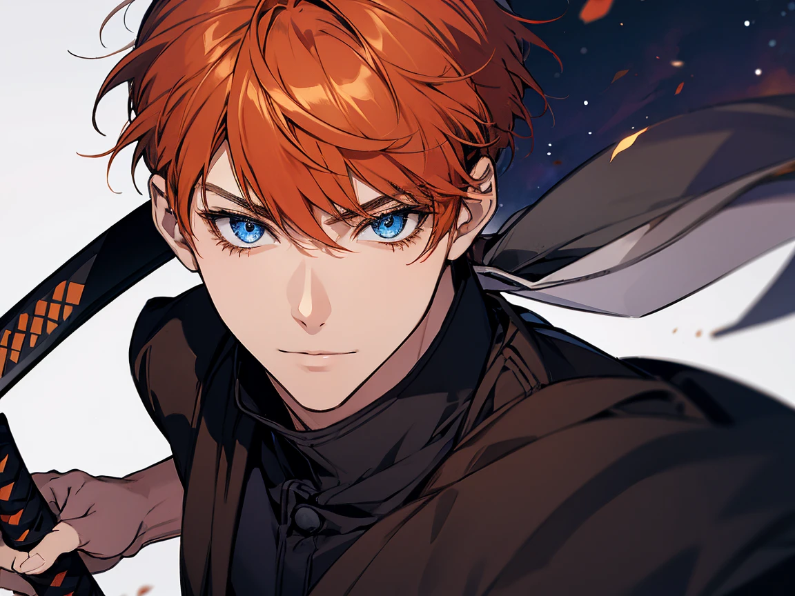 1 man, student, wearing brown , orange hair, short hair, blue eyes, face to detail, detailed eyes, the background is black galaxy, holding a katana
