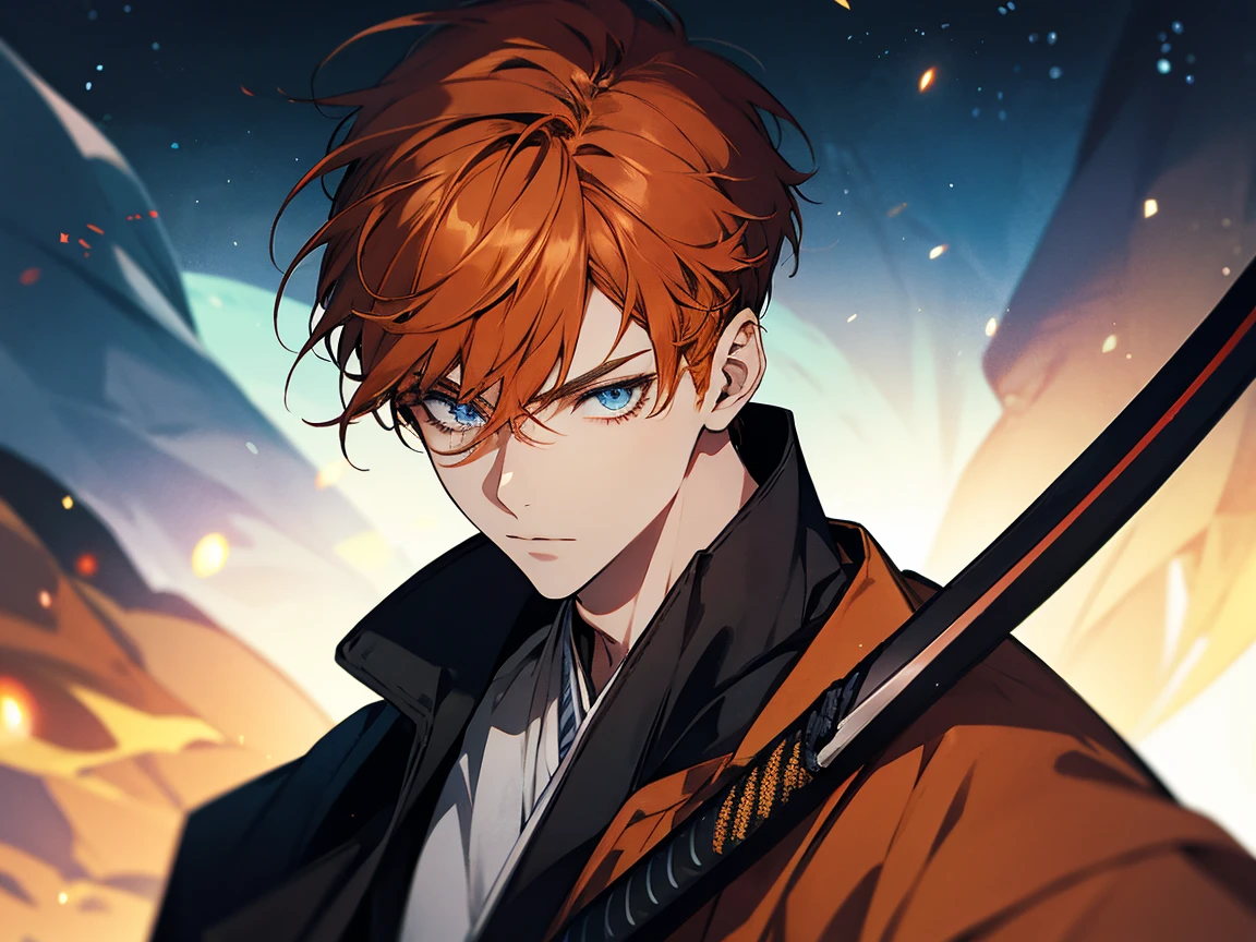 1 man, student, wearing brown , orange hair, short hair, blue eyes, face to detail, detailed eyes, the background is black galaxy, holding a katana
