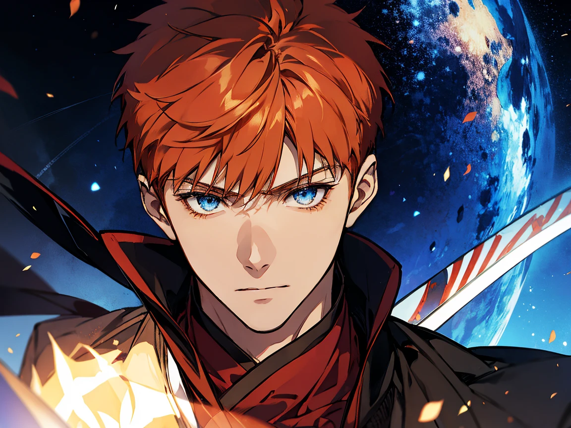 shirouemiya, shirou emiya 1 man, student, wearing brown , orange hair, short hair, blue eyes, face to detail, detailed eyes, the background is black galaxy, holding a katana