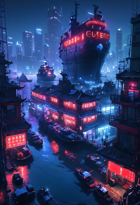 cybercity, (blue:1.3)，（red:1.4）,(harbor:1.3), (ship:1.2),  neon lights, scenery, chinese_building, outdoors, road, night, sign, ...