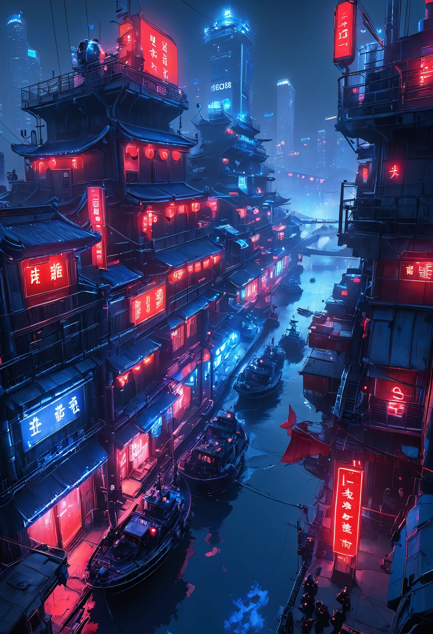 CyberCity, (blue:1.3)，（red:1.4）,(harbor:1.3), (ship:1.2),  neon lights, scenery, chinese_building, outdoors, road, night, sign, street, riot police,

criminals,(bird eye view:1.2),
