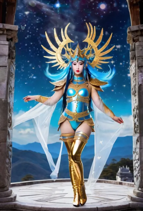 a celestial princess with black and gold mythical armor, iridescent and vibrant, octane render, icy blue eye, cosmic hair, intri...