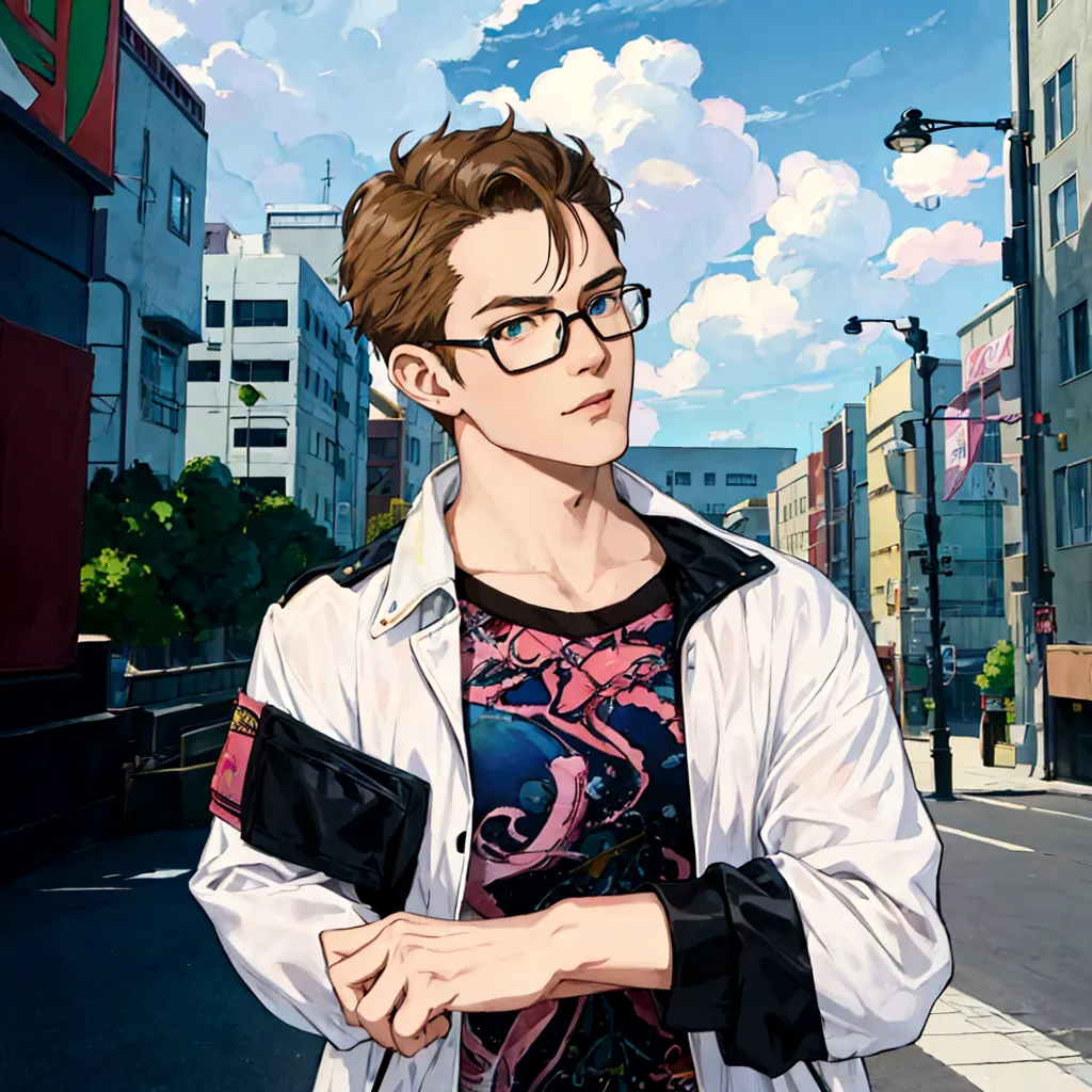 50th generation、anime character wearing glasses and a jacket in the city, realistic anime 3d style, elderly anime guy, anime sty...