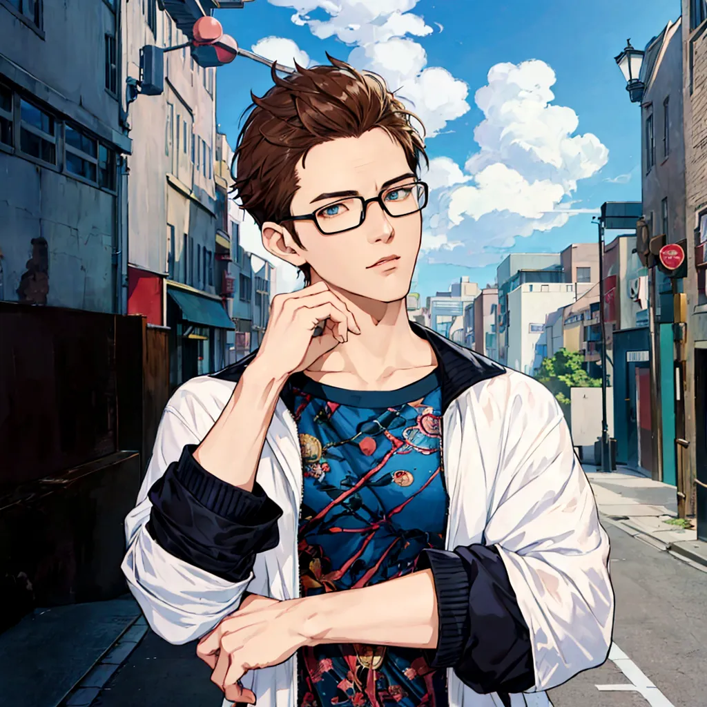 50th generation、anime character wearing glasses and a jacket in the city, realistic anime 3d style, elderly anime guy, anime sty...