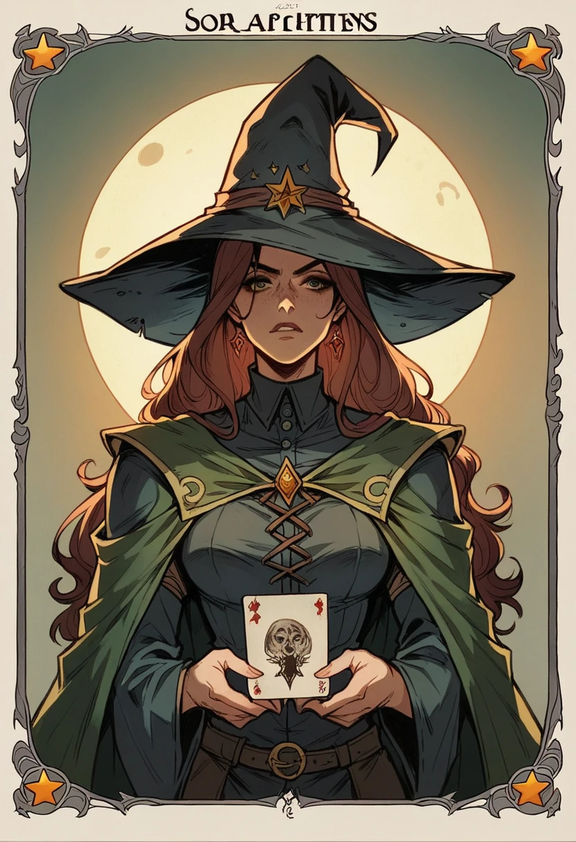 Brunette Girl, Long Hair, Witch, Sorceress,  of darkness, full of powers, strong and imposing, war scene illustration, centred image, a single image on a single card, with golden Bronze and Silver borders,