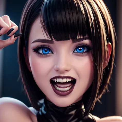 masterpiece, open mouth sign, teeth fangs vampire, perfectly detailed face with blue eyes, eyeliner and eyeshadow, make-up,  thi...