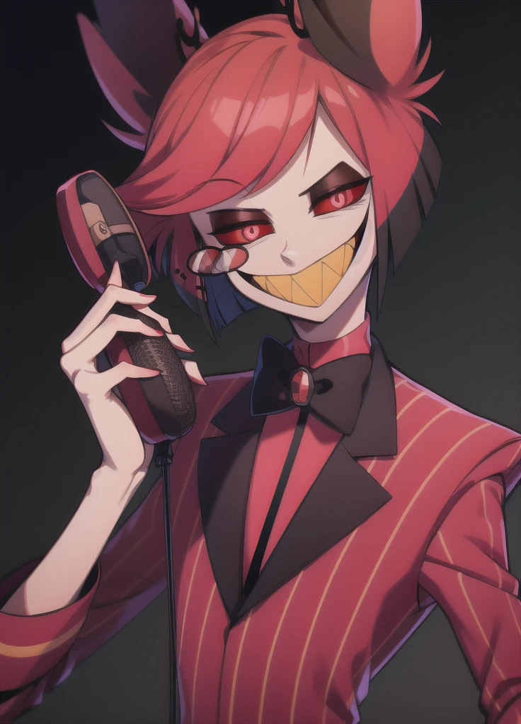 masterpiece, best quality, bowtie, jacket, monocle, microphone, suit, 1boy, solo, animal ears, sharp teeth, red eyes, teeth, bow, smile, looking at viewer, slit pupils, red hair, grin, multicolored hair, red sclera, holding microphone, dark background, terror theme,