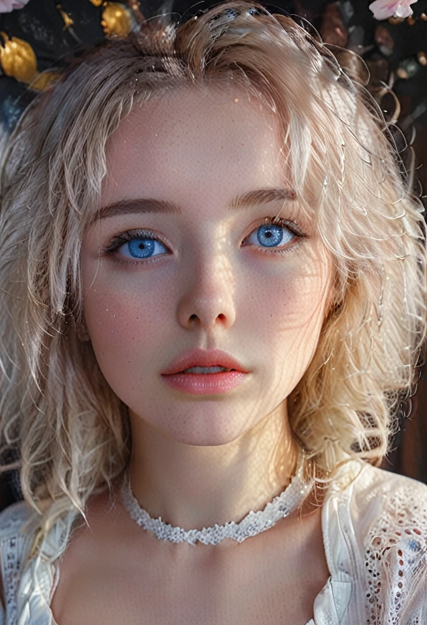 (perfect details), (extremely fine and beautiful:1.1), beautiful face, beautiful light blue eyes, (detailed face, detailed eyes:1.2), realistic skin textures, detailed pouty lips, very pale skin, shiny curly white hair, (add layer:1.2), dynamic angle, scenery MM, dramatic lighting, volumetric lighting, golden hour, masterpiece, best, quality, exotic pale Girl, hd. Realistic, 8k, hyper realistic details