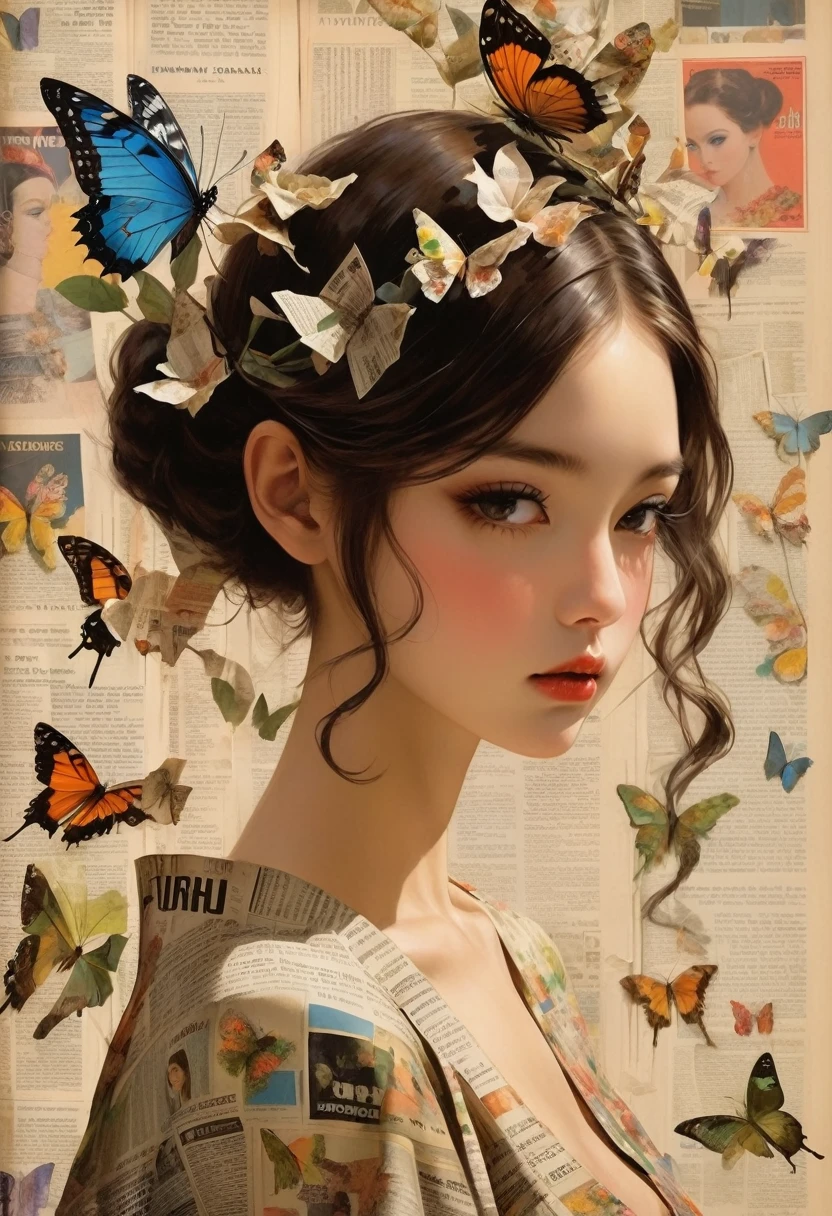 Side view girl, Solitary, Wearing a magazine cover dress, Delicate facial features and long eyelashes, A butterfly landed on her head, There were newspaper clippings all around.. Girl&#39;s face with realistic details, Bright colors，Clear focus. The overall image is a high-resolution masterpiece, Suitable for magazine cover. The art style is a mix of photography and concept art. Bright and eye-catching colors. The lighting is studio style, Soft lighting. Tips also include text and barcodes commonly found on magazine covers.