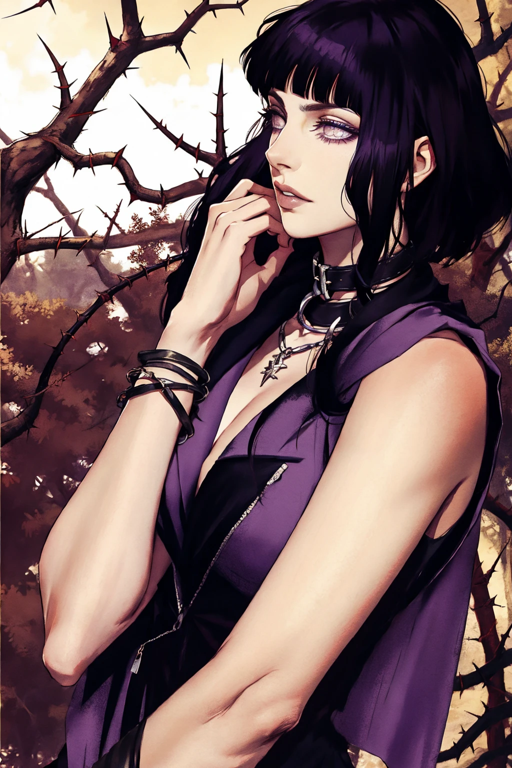 hyuuga hinata, cabelo roxo, pale skin, punk rock clothes, collar of thorns around the neck, thorn bracelets on wrists, in the middle of a forest