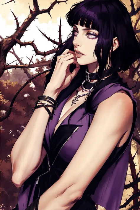 hyuuga hinata, cabelo roxo, pale skin, punk rock clothes, collar of thorns around the neck, thorn bracelets on wrists, in the mi...