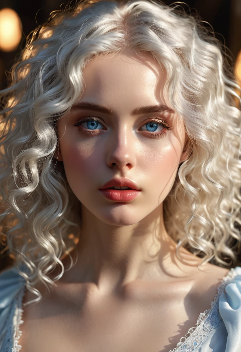 (perfect details), (extremely fine and beautiful:1.1), beautiful face, beautiful light blue eyes, (detailed face, detailed eyes:1.2), realistic skin textures, detailed pouty lips, very pale skin, shiny curly white hair, (add layer:1.2), dynamic angle, scenery MM, dramatic lighting, volumetric lighting, golden hour, masterpiece, best, quality, exotic pale Girl, hd. Realistic, 8k, hyper realistic details