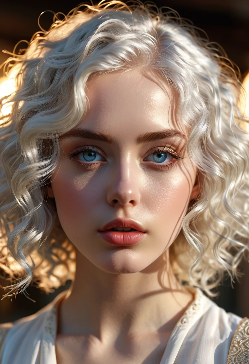 (perfect details), (extremely fine and beautiful:1.1), beautiful face, beautiful light blue eyes, (detailed face, detailed eyes:1.2), realistic skin textures, detailed pouty lips, very pale skin, shiny curly white hair, (add layer:1.2), dynamic angle, scenery MM, dramatic lighting, volumetric lighting, golden hour, masterpiece, best, quality, exotic pale Girl, hd. Realistic, 8k, hyper realistic details