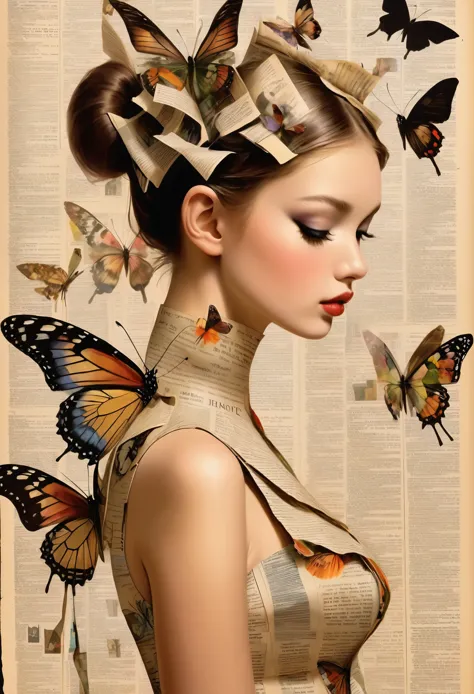 side view girl, solitary, wearing a magazine cover dress, delicate facial features and long eyelashes, a butterfly landed on her...