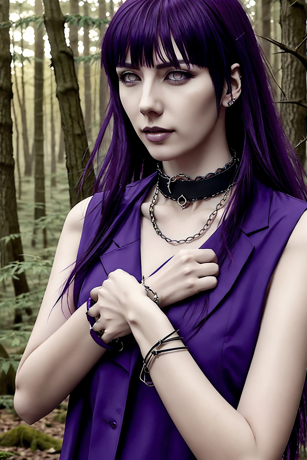 Hyuuga Hinata, cabelo roxo, pele pálida, roupas punk rock, colar de espinhos no pescoço, pulseiras de espinhos nos pulsos, no meio de uma floresta