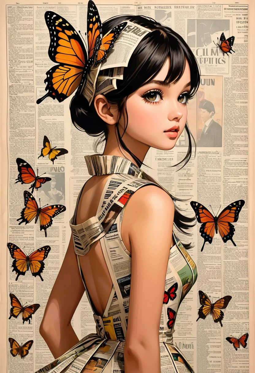 Side view girl, Solitary, Wearing a magazine cover dress, Delicate facial features and long eyelashes, A butterfly landed on her head, There were newspaper clippings all around.. Girl&#39;s face with realistic details, Bright colors，Clear focus. The overall image is a high-resolution masterpiece, Suitable for magazine cover. The art style is a mix of photography and concept art. Bright and eye-catching colors. The lighting is studio style, Soft lighting. Tips also include text and barcodes commonly found on magazine covers.