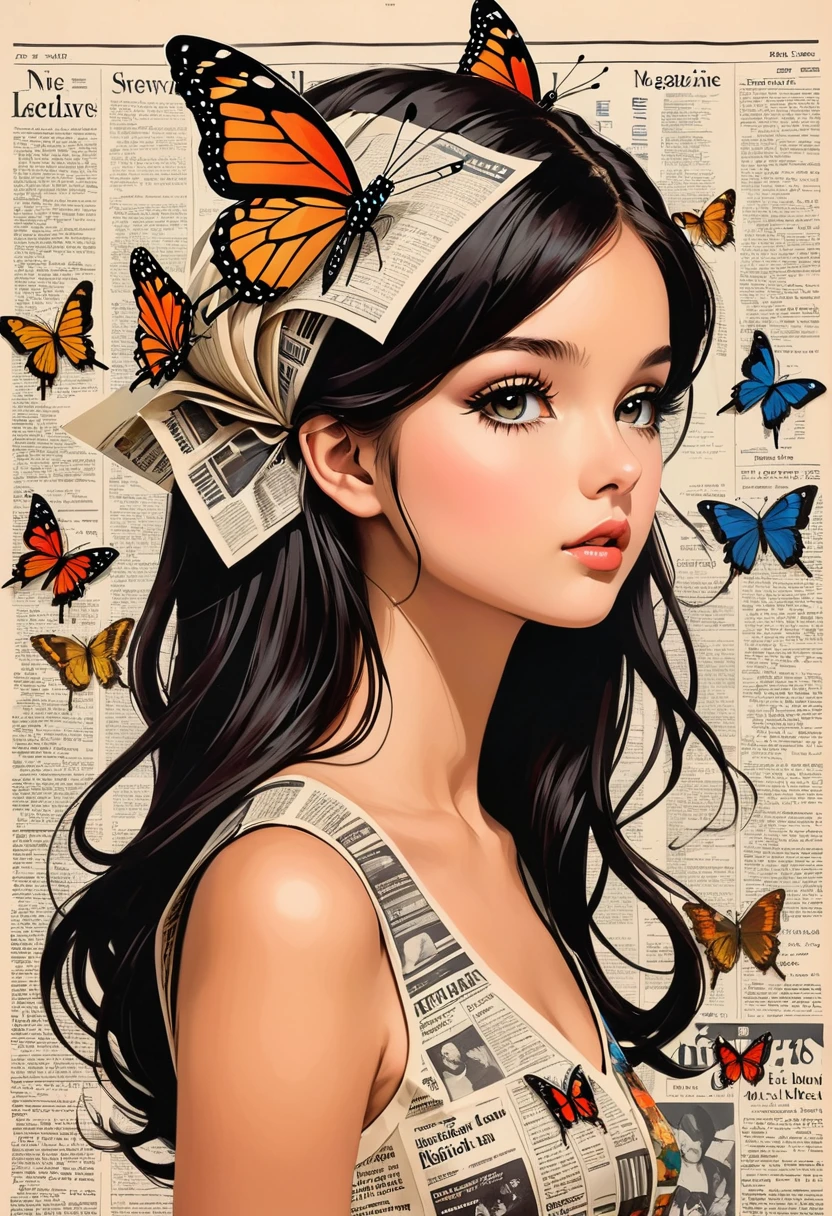 Side view girl, Solitary, Wearing a magazine cover dress, Delicate facial features and long eyelashes, A butterfly landed on her head, There were newspaper clippings all around.. Girl&#39;s face with realistic details, Bright colors，Clear focus. The overall image is a high-resolution masterpiece, Suitable for magazine cover. The art style is a mix of photography and concept art. Bright and eye-catching colors. The lighting is studio style, Soft lighting. Tips also include text and barcodes commonly found on magazine covers.