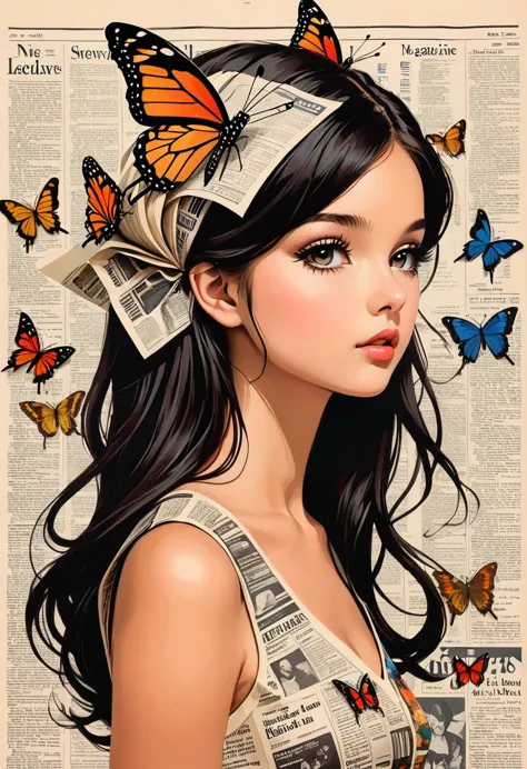 side view girl, solitary, wearing a magazine cover dress, delicate facial features and long eyelashes, a butterfly landed on her...