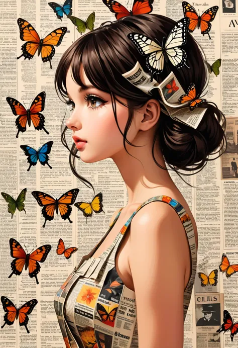 side view girl, solitary, wearing a magazine cover dress, delicate facial features and long eyelashes, a butterfly landed on her...