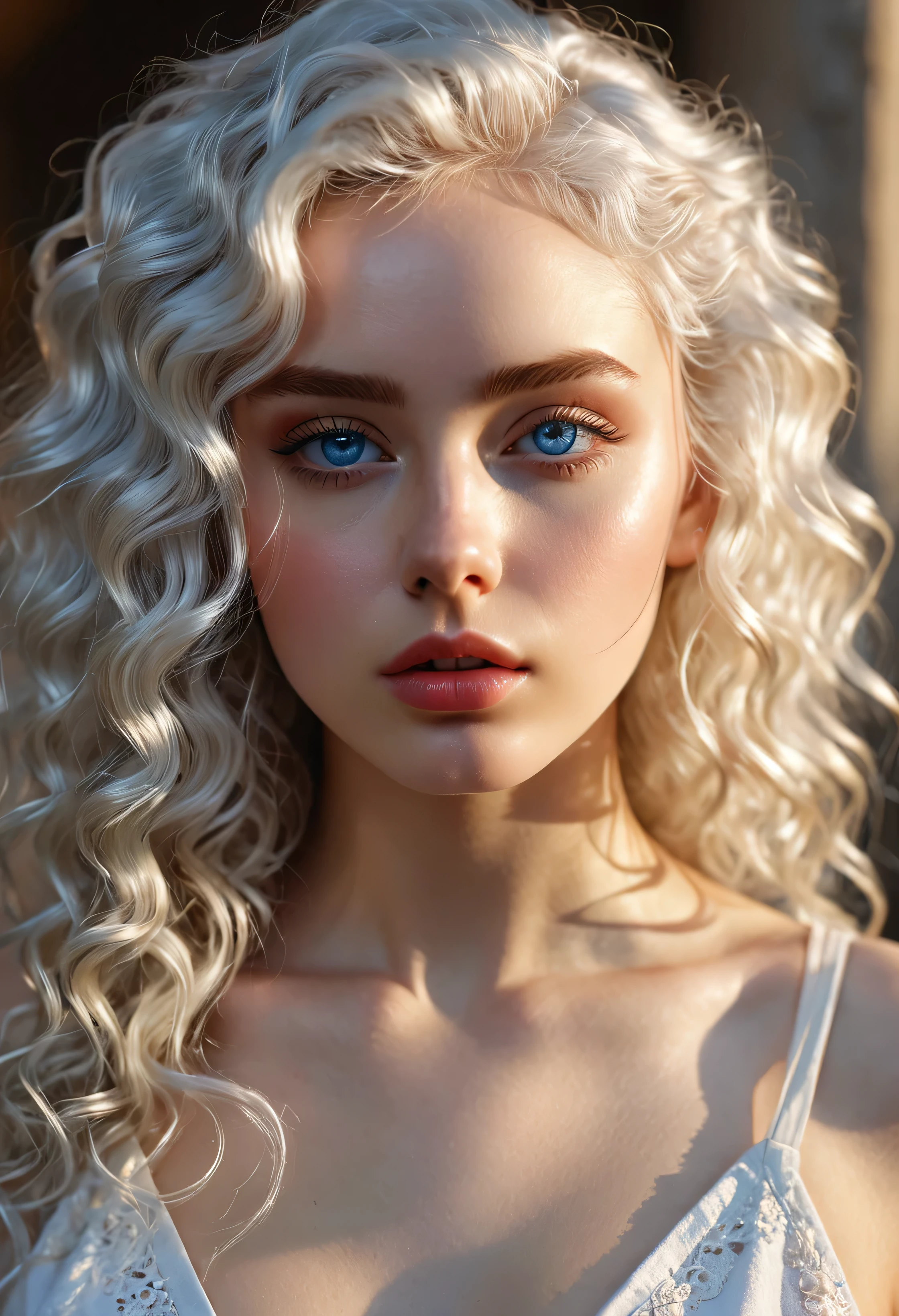 (perfect details), (extremely fine and beautiful:1.1), beautiful face, beautiful light blue eyes, (detailed face, detailed eyes:1.2), realistic skin textures, detailed pouty lips, very pale skin, shiny curly white hair, (add layer:1.2), dynamic angle, scenery MM, dramatic lighting, volumetric lighting, golden hour, masterpiece, best, quality, exotic pale Girl, hd. Realistic, 8k, hyper realistic details