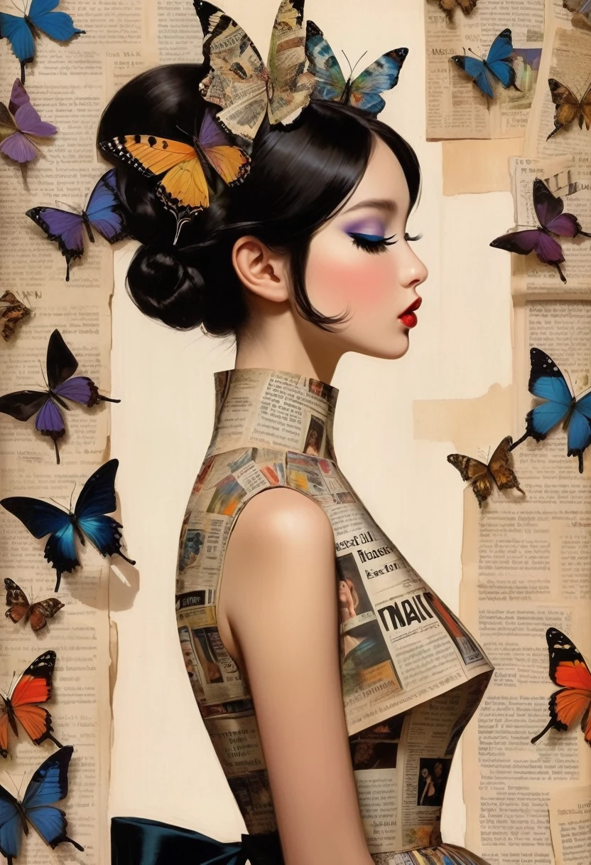 Side view girl, Solitary, Wearing a magazine cover dress, Delicate facial features and long eyelashes, A butterfly landed on her head, There were newspaper clippings all around.. Girl&#39;s face with realistic details, Bright colors，Clear focus. The overall image is a high-resolution masterpiece, Suitable for magazine cover. The art style is a mix of photography and concept art. Bright and eye-catching colors. The lighting is studio style, Soft lighting. Tips also include text and barcodes commonly found on magazine covers.