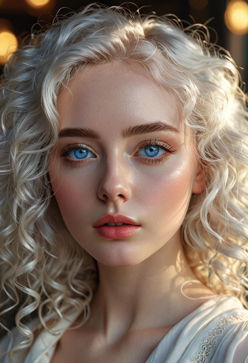 (perfect details), (extremely fine and beautiful:1.1), beautiful face, beautiful light blue eyes, (detailed face, detailed eyes:1.2), realistic skin textures, detailed pouty lips, very pale skin, shiny curly white hair, (add layer:1.2), dynamic angle, scenery MM, dramatic lighting, volumetric lighting, golden hour, masterpiece, best, quality, exotic pale Girl, hd. Realistic, 8k, hyper realistic details