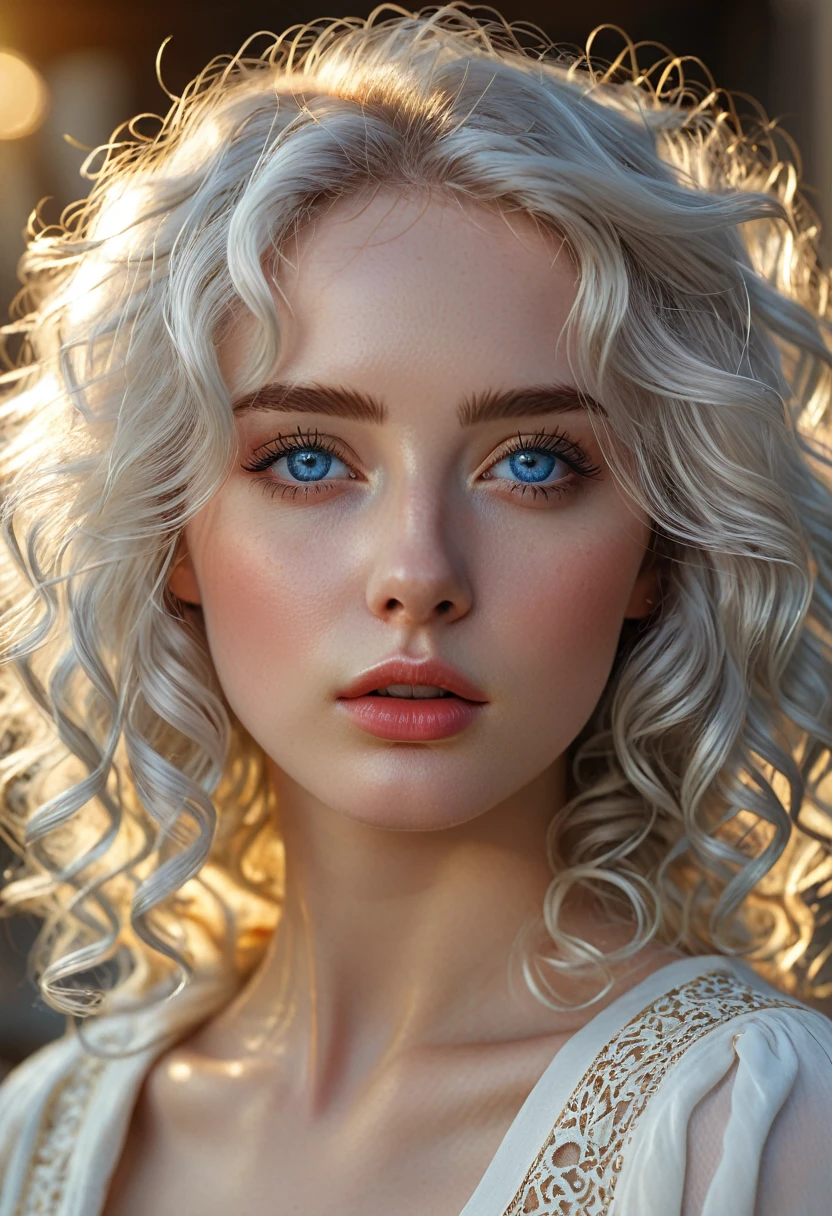 (perfect details), (extremely fine and beautiful:1.1), beautiful face, beautiful light blue eyes, (detailed face, detailed eyes:1.2), realistic skin textures, detailed pouty lips, very pale skin, shiny curly white hair, (add layer:1.2), dynamic angle, scenery MM, dramatic lighting, volumetric lighting, golden hour, masterpiece, best, quality, exotic pale Girl, hd. Realistic, 8k, hyper realistic details